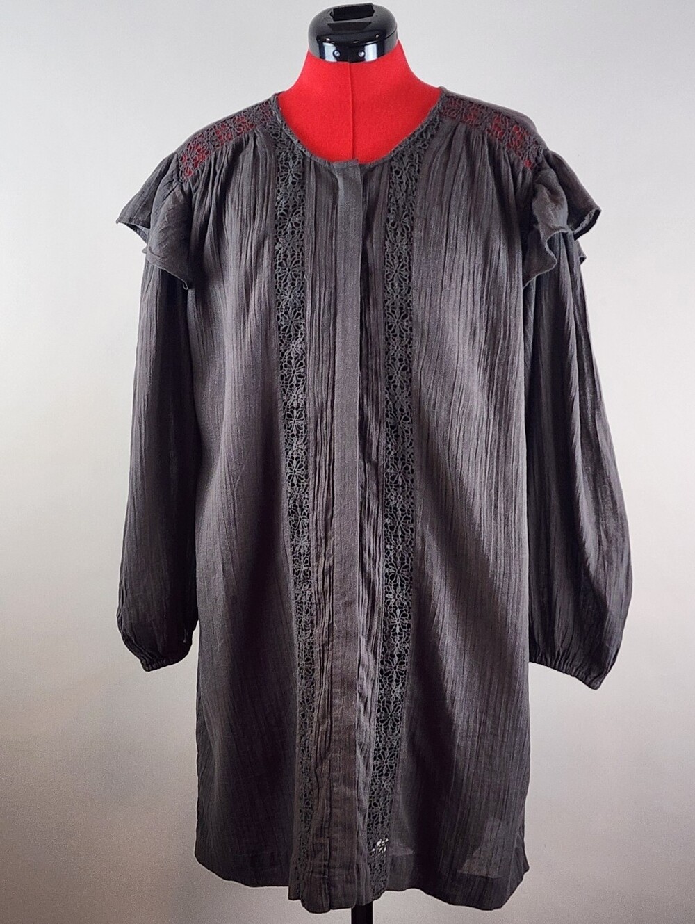 NWT Mango Charcoal Grey Cotton Lace Insert Boho Mini Dress M / L Cottage Core